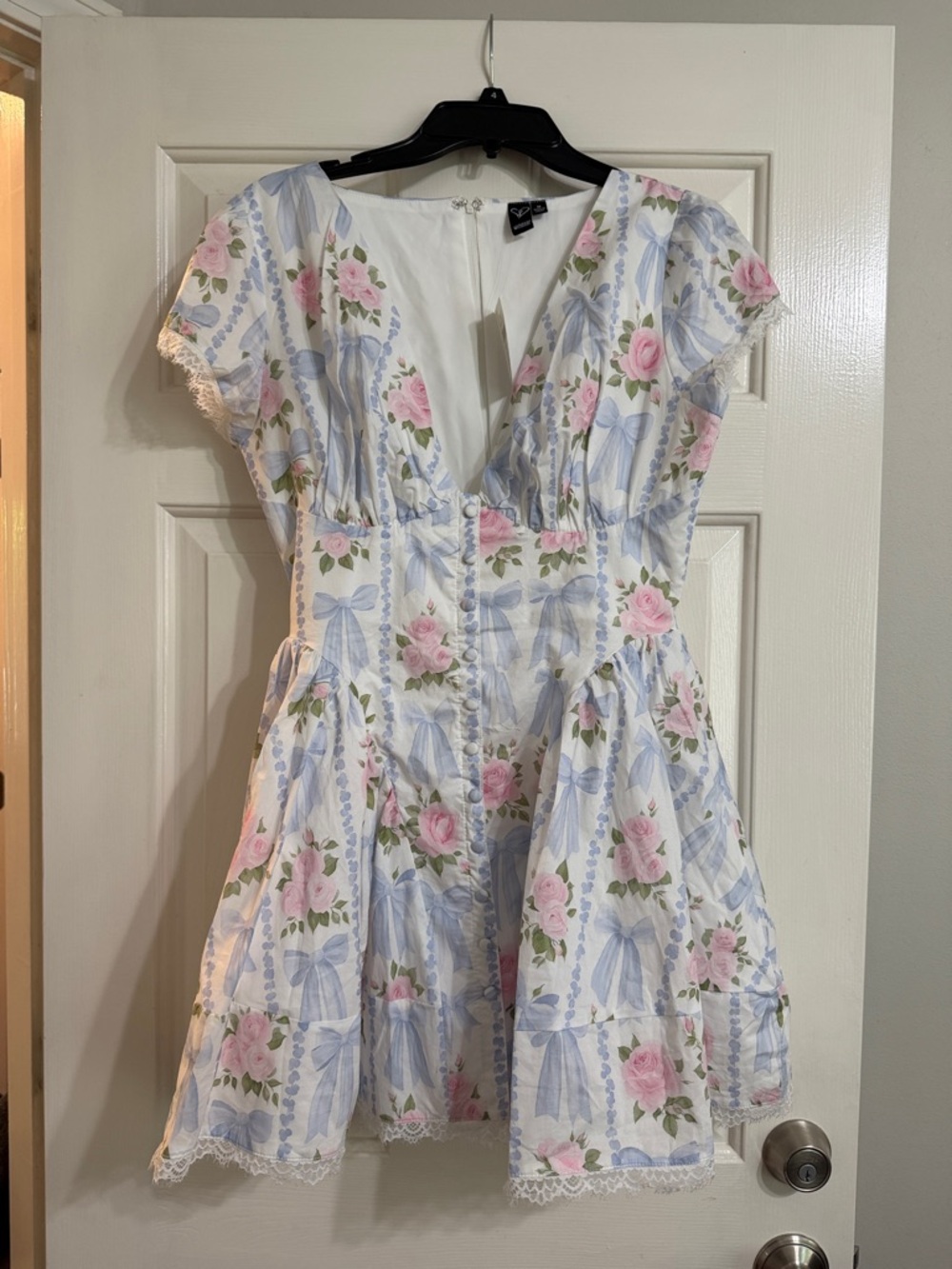 Windsor White Mini Dress with Pink Roses and Blue Bows